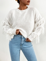 Pull Lâche Frangé à Col Rond en Maille M Blanc