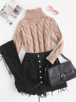 Pull Long en Tricot à Câble à Col Roulé Maille M Rose clair