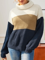 Pull Maille à Goutte Epaule en Blocs de Couleurs à Col Roulé M