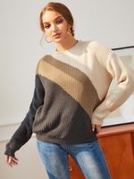 Pull Maille Epais Tricoté en Blocs de Couleurs à Goutte Epaule S