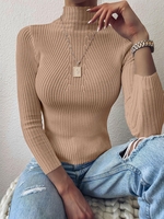 Pull Mince Simple à Col Montant Maille Taille unique Marron camel