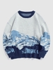 Pull Motif de Montagne à Col Rond en Maille S Bleu