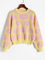 Pull Pastel Floral Brodé à Col Rond Maille S Jaune