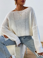 Pull Surdimensionné Déchiré Détaillé à Col Slash Maille M Blanc
