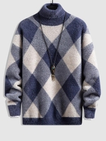 Pull Tricoté Motif de Losange en Blocs de Couleurs à Col Roulé L Bleu lierre