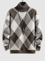 Pull Tricoté Motif de Losange en Blocs de Couleurs à Col Roulé M Café profond
