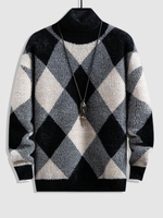 Pull Tricoté Motif de Losange en Blocs de Couleurs à Col Roulé M Noir