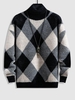 Pull Tricoté Motif de Losange en Blocs de Couleurs à Col Roulé S Noir