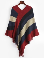 Pull Poncho Asymétrique Rayé en Blocs de Couleurs à Frange M Rouge foncé