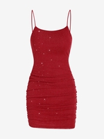 Robe à Bretelle Brillante Plissée Découpée en Jersey à Paillettes L Rouge
