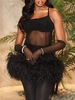 Robe à Bretelle en Maille Transparente à Ourlet avec Plume S Noir