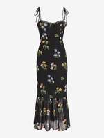 Robe à Imprimé Fleurie Plissée Au Dos Ourlet à Volants L Noir