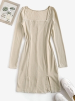 Robe à Ourlet Fendu Côtelé à Col Carré S Café lumière