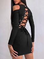 Robe à Épaules Dénudées Côtelée avec Lacets Au Dos S Noir