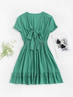 Robe à Taille Plissée avec Nœud Papillon Ourlet à Volants S Vert