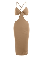 Robe Ajustée Découpée Fendue Anneau en O Croisée M Café lumière