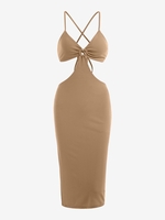 Robe Ajustée Découpée Fendue Anneau en O Croisée S Café lumière