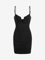 Robe Ajustée Plissée Superposée en Maille à Armature en V S Noir