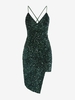 Robe Asymétrique Brillante Croisée à Paillettes M Vert profond