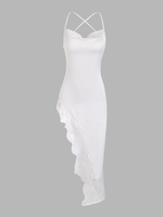Robe Asymétrique Croisée en Avant en Dentelle Insérée M Blanc