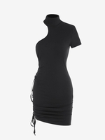 Robe Asymétrique Drapée à Col Roulé à Taille Haute M Noir