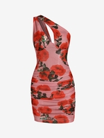 Robe Asymétrique Fleurie en Maille Transparente à Une Epaule S Multi a