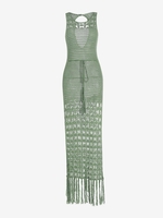 Robe Au Crochet Fendue Ajourée Taille à Cordon M Vert