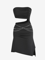 Robe Bandeau Asymétrique Fendue Embellie de Chaîne Plissée L Noir