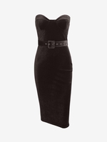 Robe Bandeau Mi-Longue Ceinturée en Velours S Café profond