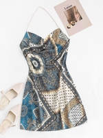Robe Bohémienne Fourreau avec Fausse Perle à Col Halter L Bleu profond