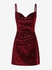 Robe Brillante Métallisée Taille Nouée en Avant à Paillette en Velours M Rouge
