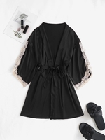 Robe Ceinturée à Ourlet en Dentelle en Satin L Noir