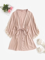 Robe Ceinturée à Ourlet en Dentelle en Satin M Rose clair