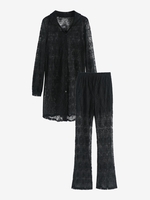 Robe Chemise Boutonnée en Dentelle Transparente et Pantalon M Noir