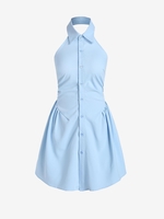 Robe Chemise Boutonnée Plissée Ouverte Au Dos L Bleu clair