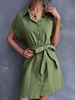 Robe Chemise Ceinturée Manches à Revers avec Poche en Avant S Vert