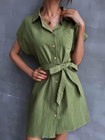Robe Chemise Ceinturée Manches à Revers avec Poche en Avant S Vert