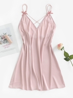 Robe Chemise de Nuit Fendue à Bretelle en Satin avec Nœud Papillon L Rose clair