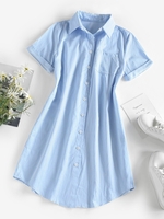 Robe Chemise Rayée avec Poche en Avant Manches à Revers M Bleu clair