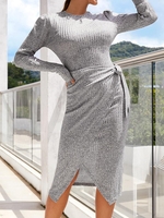 Robe Chinée en Tricot à Taille Nouée à Manches Bouffantes L Gris clair