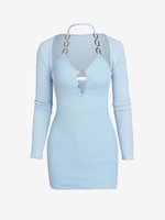 Robe Collante Tricot Côtelée à Halter avec Haut M Bleu clair