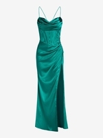 Robe Corset Fendue à Lacets en Avant en Satin S Vert profond