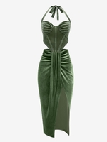 Robe Corset Mi-Longue Plissée Fendue en Velours Deux Pièces avec Débardeur Bustier Taille unique Vert clair