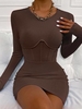 Robe Corset Moulante Côtelée à Manches Longues S Café profond