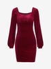Robe Courte Ajustée en Velours à Manches Lanternes L Rouge foncé