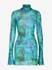 Robe Courte Moulante Fendue à Imprimé Florale en Tulle Transparente S Bleu