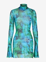 Robe Courte Moulante Fendue à Imprimé Florale en Tulle Transparente S Bleu