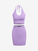 Robe Courte Tricotée Deux Pièces à Col Halter Taille unique Pourpre