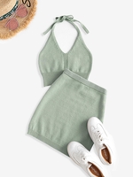 Robe Courte Tricotée Deux Pièces à Col Halter Taille unique Vert clair
