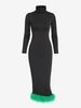 Robe Crayon Mi-Longue Ourlet Contrasté Plume à Col Haut S Noir